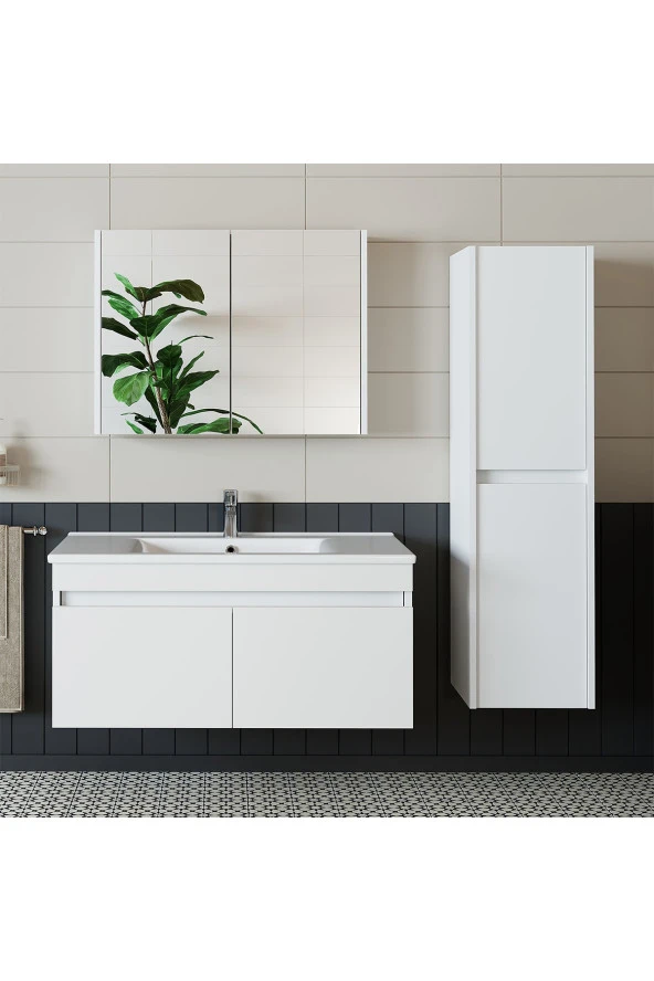 ROOMART Roomart Tm3 Ayaksız 2 Kapaklı Lavabolu Beyaz Mdf 100 Cm Banyo Dolabı Aynalı Üst Dolap Boy Dolabı