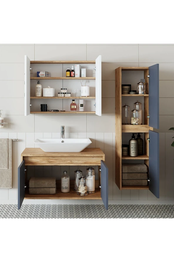 ROOMART Roomarttm7.3 Lavabolu Ahşap-antrasit Mdf 85 Cm Banyo Dolabı+ Aynalı Banyo Üst Dolabı+Boy Dolabı