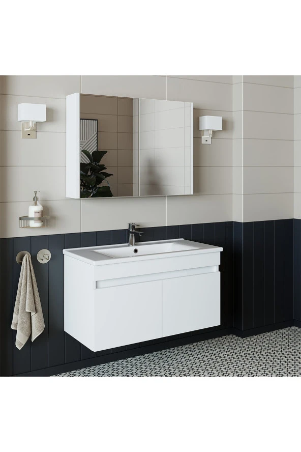 ROOMART Roomart Al3 Ayaksız 2 Kapaklı Lavabolu Beyaz Mdf 85 Cm Banyo Dolabı Aynalı Üst Dolabı - Resim 4