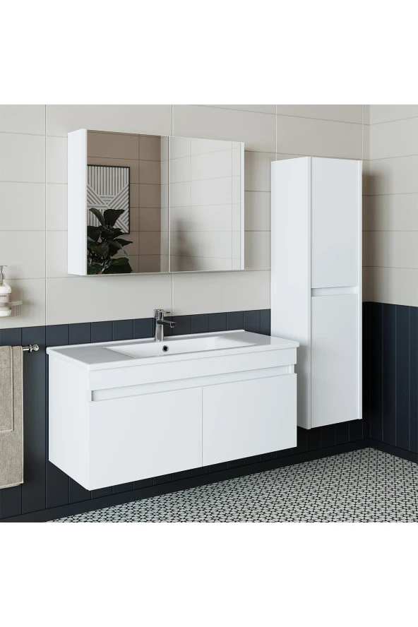 ROOMART Roomart Tm3 Ayaksız 2 Kapaklı Lavabolu Beyaz Mdf 100 Cm Banyo Dolabı Aynalı Üst Dolap Boy Dolabı - 2