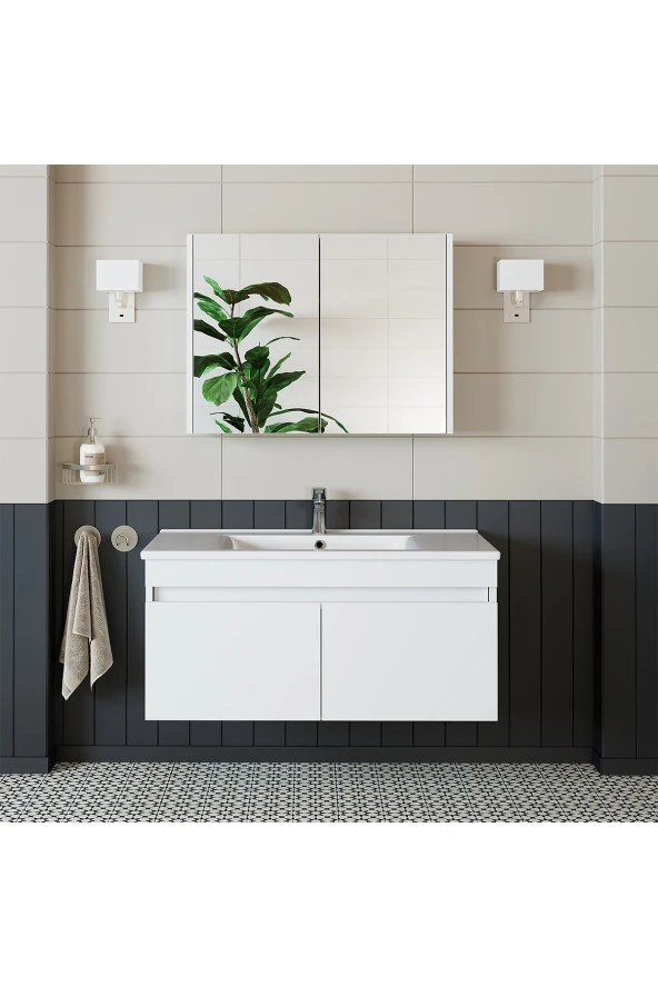 ROOMART Roomart Al3 Ayaksız 2 Kapaklı Lavabolu Beyaz Mdf 100 Cm Banyo Dolabı Aynalı Üst Dolabı