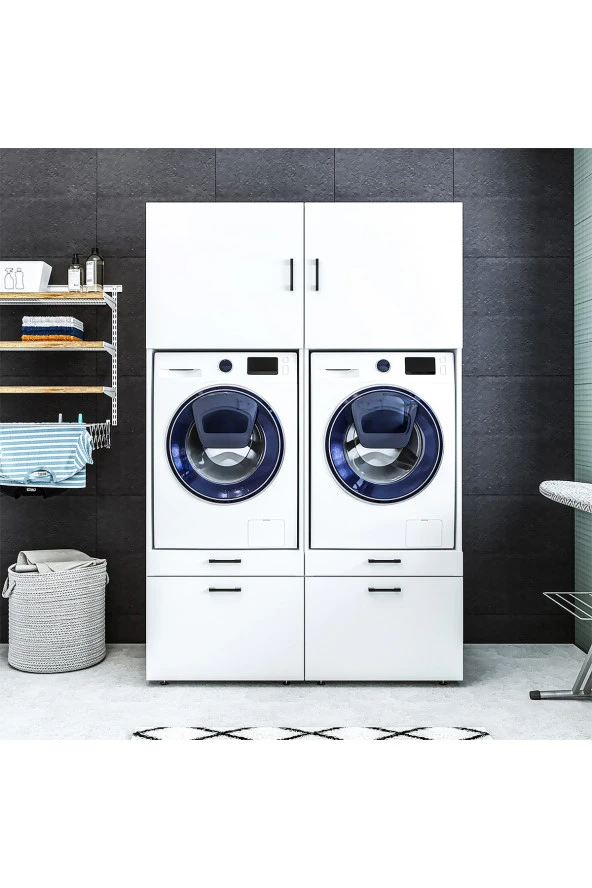 ROOMART Çamaşır-kurutma Makinesi Dolabı + Üst Dolabı 2li Mat Beyaz