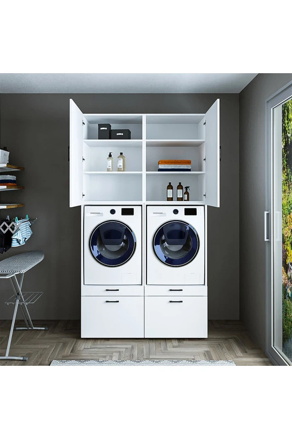 ROOMART Çamaşır-kurutma Makinesi Dolabı + Üst Dolabı Mat Beyaz 240x134