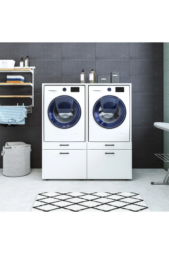 ROOMART Çamaşır Ve Kurutma Makinesi Dolabı Takımı Mat Beyaz - Resim 3