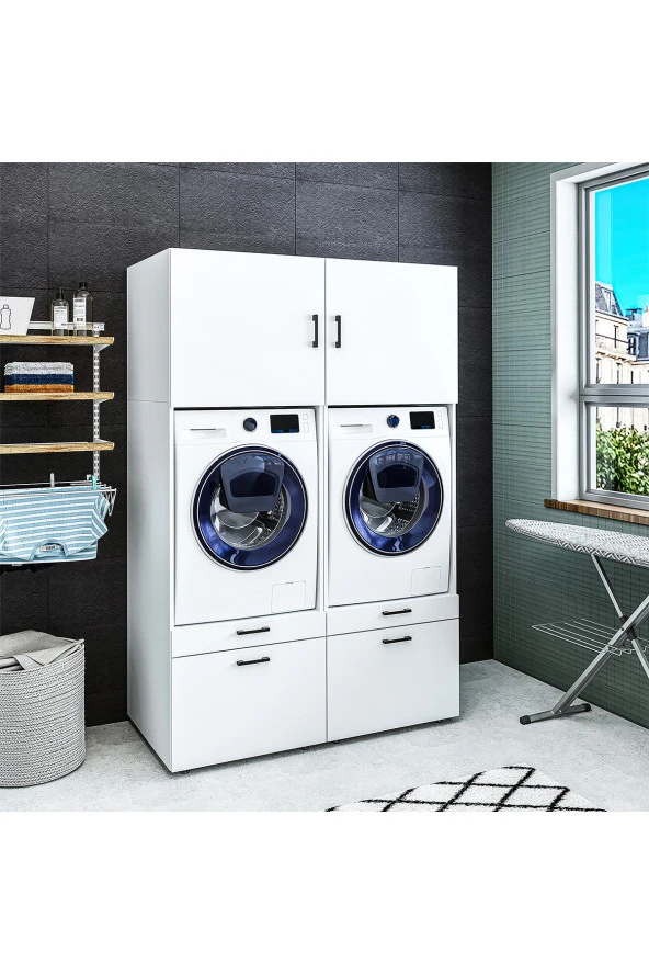 ROOMART Çamaşır-kurutma Makinesi Dolabı + Üst Dolabı 2li Mat Beyaz - Resim 2