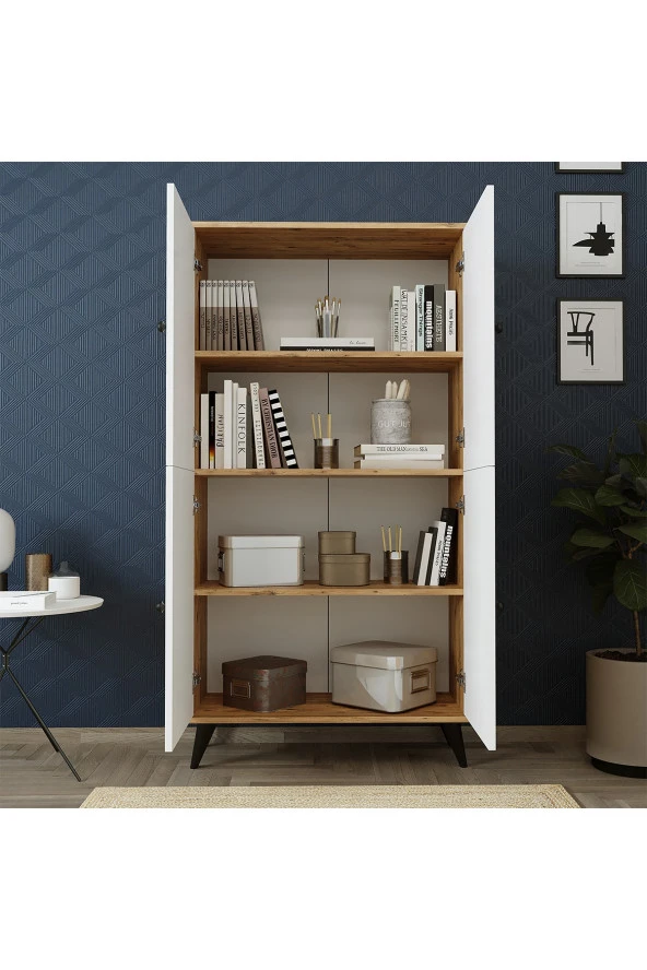 ROOMART RETRA 4 KAPAKLI ÇOK AMAÇLI DOLAP , KİLER DOLABI , KİTAPLIK ATLANTİK ÇAM-MAT BEYAZ