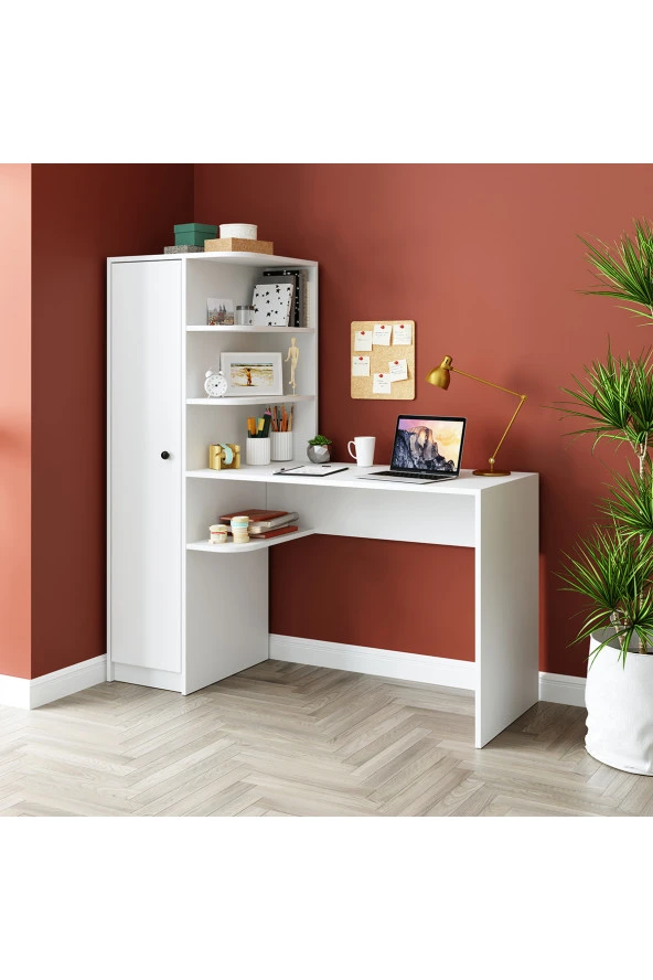 ROOMART ROMA RAFLI ÇALIŞMA MASASI , ÇALIŞMA OFİS MASASI SOL DOLAPLI MAT BEYAZ ROMA MASA SOL - 5