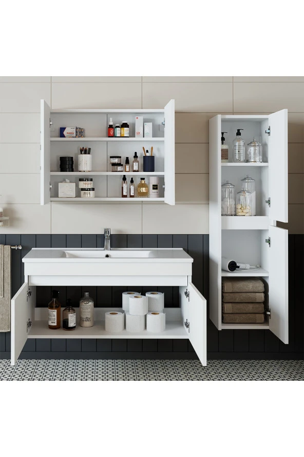 ROOMART Roomart Tm3 Ayaksız 2 Kapaklı Lavabolu Beyaz Mdf 100 Cm Banyo Dolabı Aynalı Üst Dolap Boy Dolabı - 3