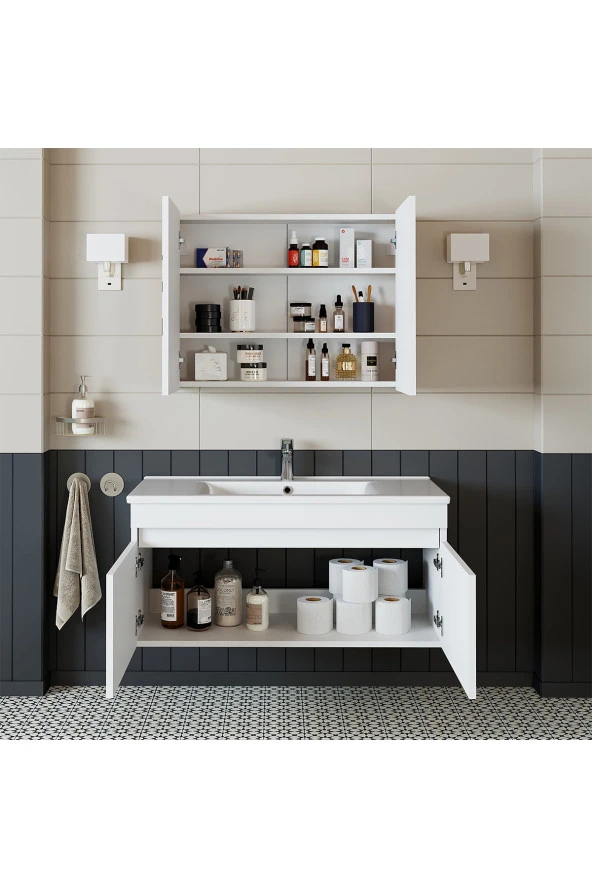 ROOMART Roomart Al3 Ayaksız 2 Kapaklı Lavabolu Beyaz Mdf 100 Cm Banyo Dolabı Aynalı Üst Dolabı - 2