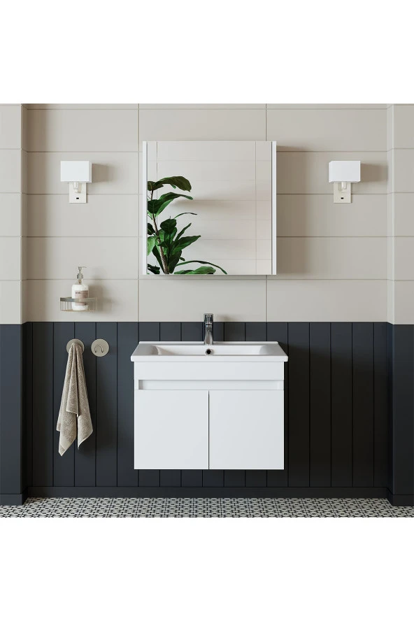 ROOMART Al3 Ayaksız 2 Kapaklı Lavabolu Beyaz Mdf 65 Cm Banyo Dolabı Aynalı Üst Dolabı ürün görseli 1