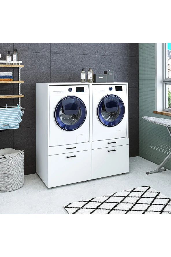 ROOMART Çamaşır Ve Kurutma Makinesi Dolabı Takımı Mat Beyaz ürün görseli