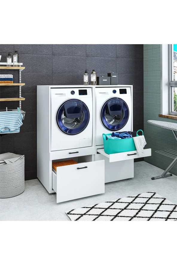 ROOMART Çamaşır Ve Kurutma Makinesi Dolabı Takımı Mat Beyaz - Resim 2