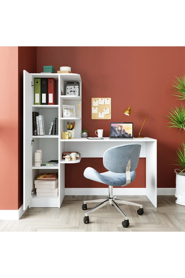 ROOMART ROMA RAFLI ÇALIŞMA MASASI , ÇALIŞMA OFİS MASASI SOL DOLAPLI MAT BEYAZ ROMA MASA SOL - 3