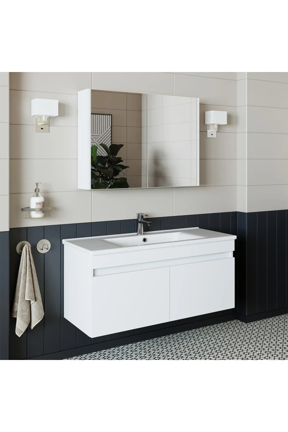 ROOMART Roomart Al3 Ayaksız 2 Kapaklı Lavabolu Beyaz Mdf 100 Cm Banyo Dolabı Aynalı Üst Dolabı - 3