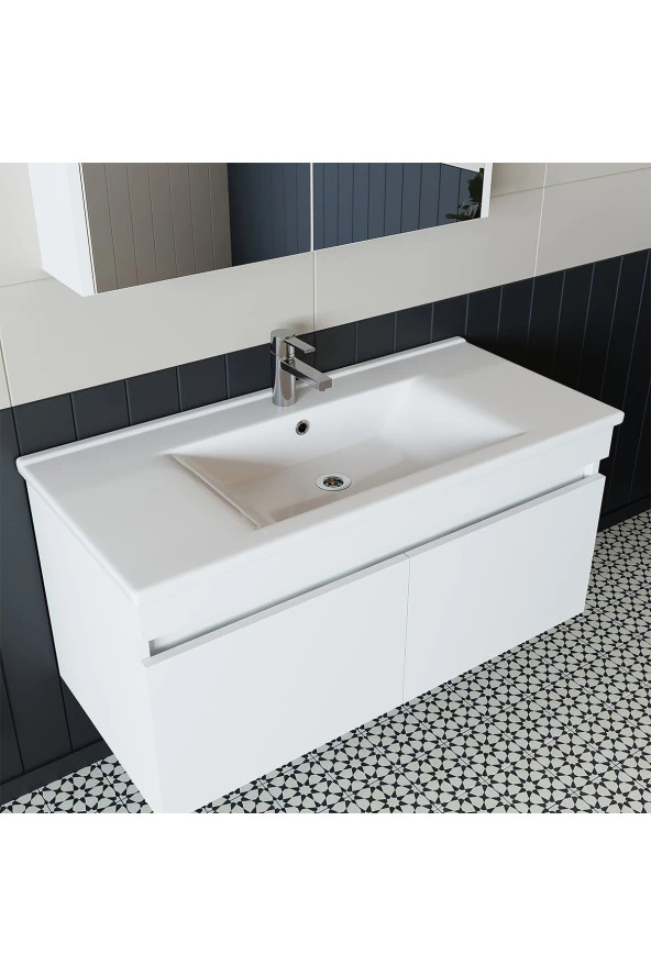 ROOMART Roomart Tm3 Ayaksız 2 Kapaklı Lavabolu Beyaz Mdf 100 Cm Banyo Dolabı Aynalı Üst Dolap Boy Dolabı - 4