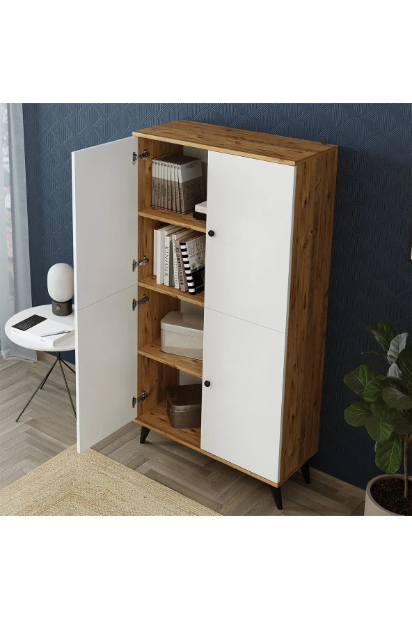 ROOMART RETRA 4 KAPAKLI ÇOK AMAÇLI DOLAP , KİLER DOLABI , KİTAPLIK ATLANTİK ÇAM-MAT BEYAZ - 4