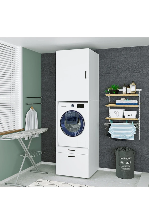 ROOMART Çamaşır-kurutma Makinesi Dolabı + Üst Dolabı Mat Beyaz 240x67
