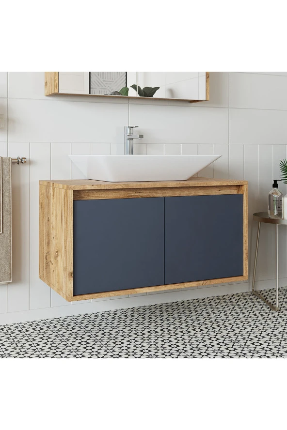 ROOMART Ld7 Ayaksız 2 Kapaklı Lavabolu Ahşap-antrasit Mdf 85 Cm Banyo Dolabı - Resim 4