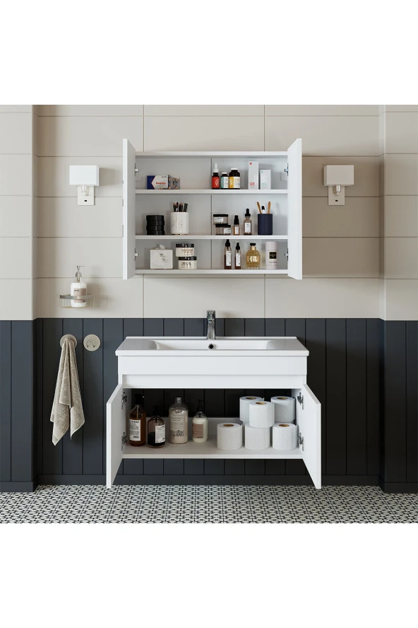 ROOMART Roomart Al3 Ayaksız 2 Kapaklı Lavabolu Beyaz Mdf 85 Cm Banyo Dolabı Aynalı Üst Dolabı - Resim 2