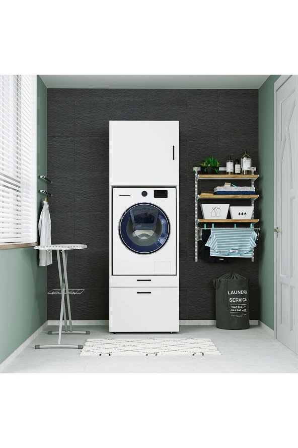 ROOMART Çamaşır-kurutma Makinesi Dolabı + Üst Dolabı Mat Beyaz - 2