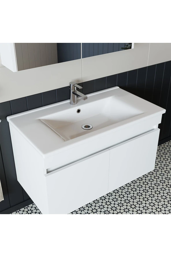 ROOMART Roomart Al3 Ayaksız 2 Kapaklı Lavabolu Beyaz Mdf 85 Cm Banyo Dolabı Aynalı Üst Dolabı - Resim 3