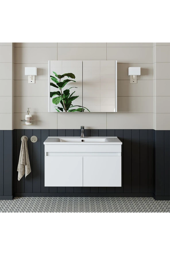 ROOMART Roomart Al3 Ayaksız 2 Kapaklı Lavabolu Beyaz Mdf 85 Cm Banyo Dolabı Aynalı Üst Dolabı ürün görseli 1