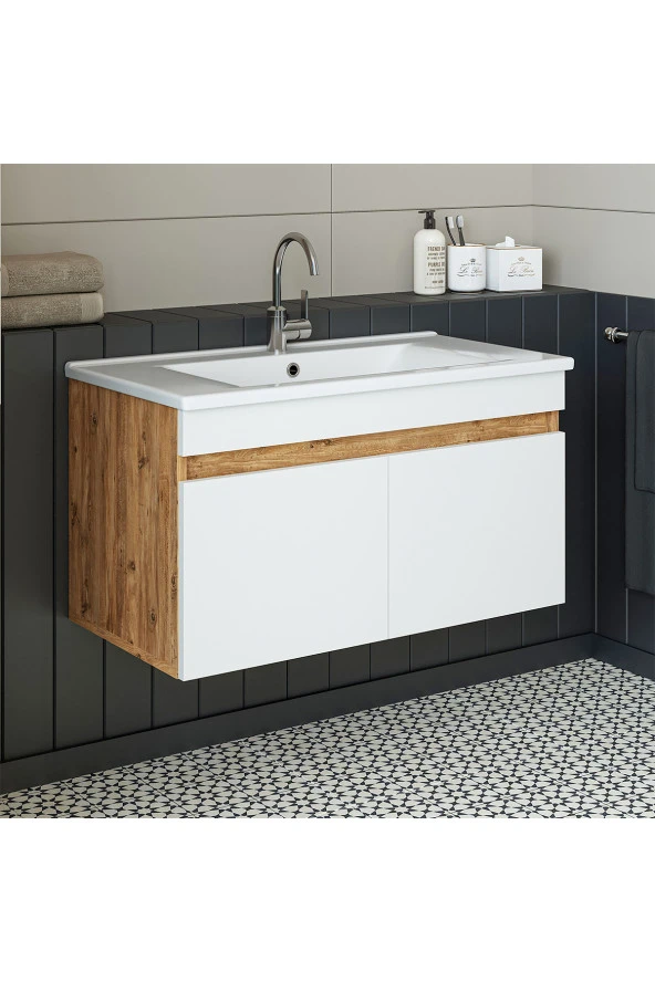 ROOMART Atria 85 Cm Konsollu Lavabo Banyo Dolabı Lavabosu Beyaz - Resim 2