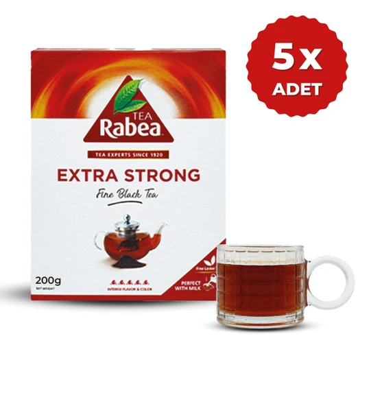 Rabea Tea - Extra Strong Zengin Aromalı Siyah Çay 200 gr X5 Paket