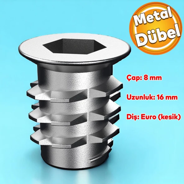 Metal Euro Dişli Dübel Ahşap Dübeli M6 8x16 Diş Çinko Mobilya Bağlantı Ünite Birleştirme (50 ADET)