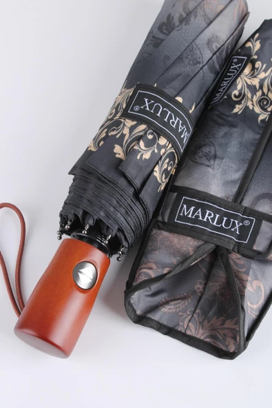 Marlux Gri Desenli Ahşap Saplı Tam Otomatik Premium Lüks Kadın Şemsiye M21MAR1002LR006 - Resim 2