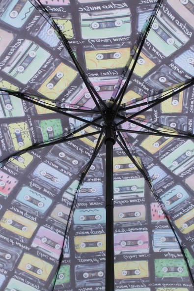 Marlux Nostalji Kaset Desenli 8 Telli Manuel Rüzgara Dayanıklı Şemsiye M21MAR606R01 - Resim 6