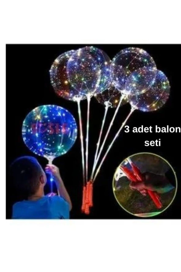 Işıklı Balon Çoçuklar için 3 Pilli 3 Fonksiyonlu Saplı Şeffaf Işıklı Balon Çubuklu Set 3 adet balon