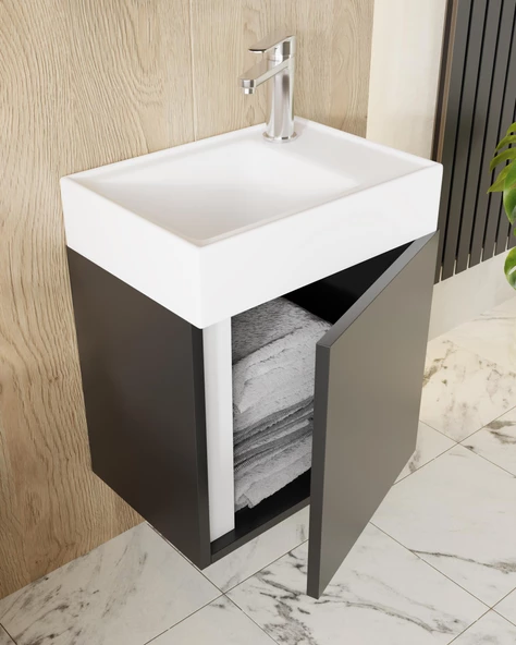 Karen Banyo Kemer 45 Cm,lavabolu,aynalı,banyo Dolabı,mat Antrasit,lavabo Dahil - Antrasit - 2