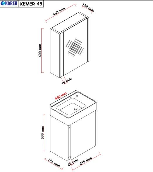Karen Banyo Kemer 45 Cm,lavabolu,aynalı,banyo Dolabı,mat Antrasit,lavabo Dahil - Antrasit - 5