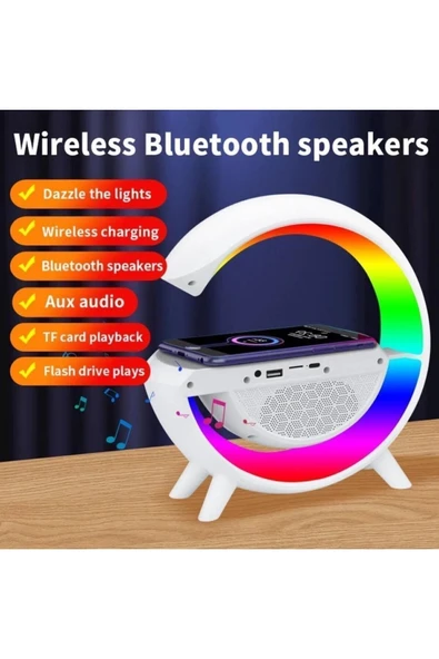 SMAYLİNG Kablosuz Şarj Özellikli Modern Saat Bluetooth Hoparlör Gece Masa Lambası Çok Fonksiyonlu Atmosferik - Resim 7