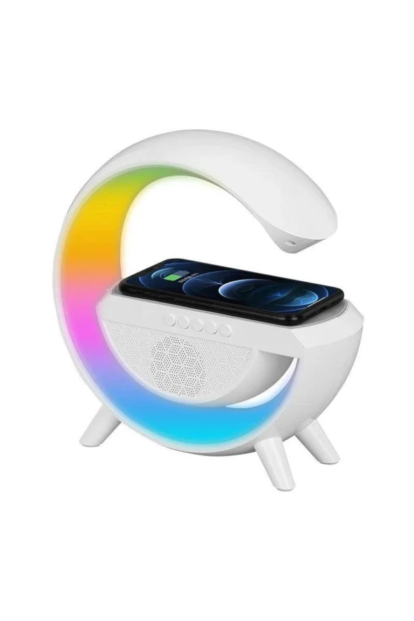 SMAYLİNG Kablosuz Şarj Özellikli Modern Saat Bluetooth Hoparlör Gece Masa Lambası Çok Fonksiyonlu Atmosferik - 4