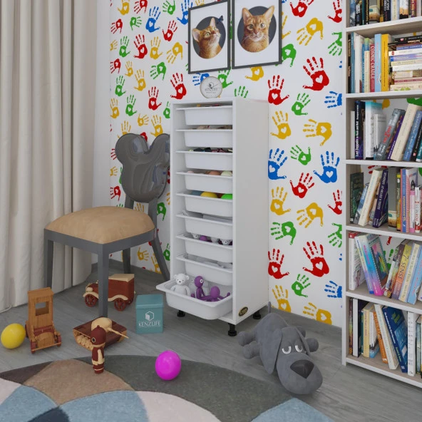 Kenzlife sepetli mutfak dolabı ruberu byz 122x45x30 banyo oyuncak çamaşır beyaz 9 lu sepet