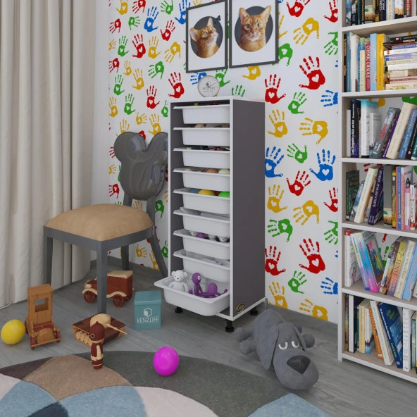 Kenzlife sepetli mutfak dolabı ruberu gri 122x45x30 banyo oyuncak çamaşır beyaz 9 lu sepet ürün görseli