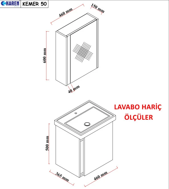 Karen Banyo Kemer 50 Cm,Lavabolu,Aynalı,Banyo Dolabı,Mat Antrasit,Lavabo Dahil - 5