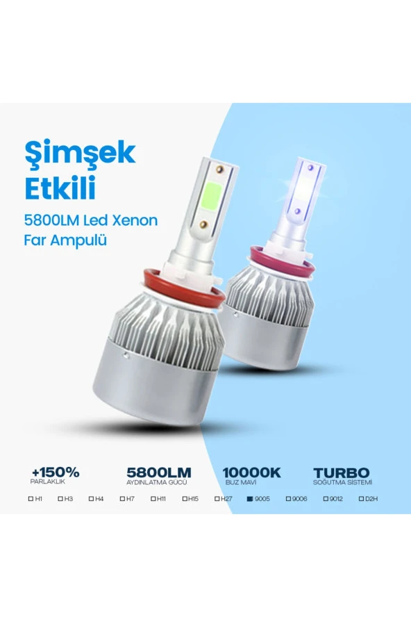 11207 9005 Buz Mavi C6 Led Xenon Far Ampulü Şimşek Etkili 5800lm Chip On Board 10000k