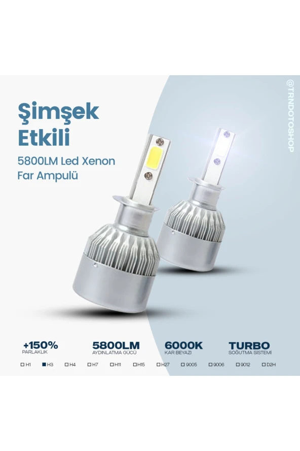11191  Markası C6 Serisi H3 Led Xenon Far Ampulü Şimşek Etkili 5800lm Chip On Board 6000k Kar Beyazı - 1
