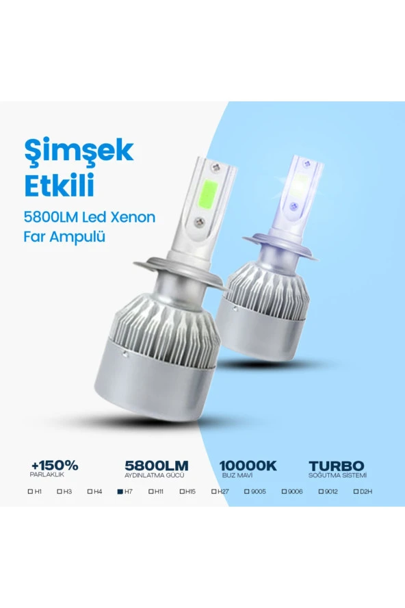 11203 H7 Buz Mavi C6 Led Xenon Far Ampulü Şimşek Etkili 5800lm Chip On Board 10000k Uyumlu - 4