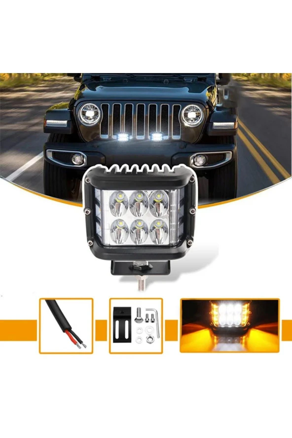 41310  Off Road Motosiklet 45w 12 Led 10cm Beyaz Turuncu Çakarlı Kare Sis Farı Çalışma Lambası 1 Adet