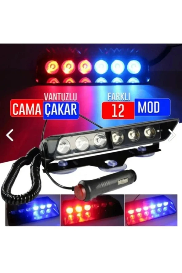 31102  S6 Polis Çakar Lamba Cam Içi Vantuzlu 6 Led Kırmızı Mavi Çakmaklık Girişli 12 Mod Polis Lamba