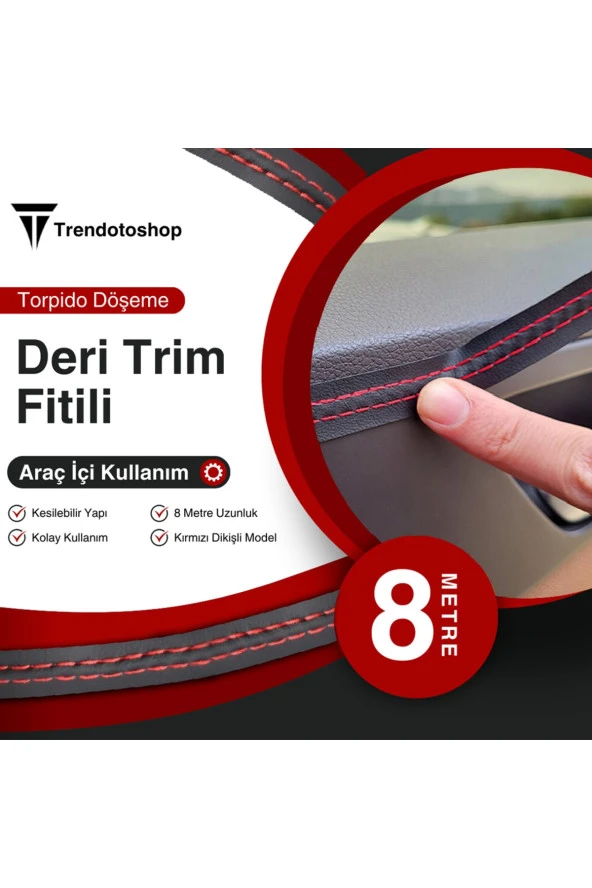 61075 8 Metre Deri Trim Fitili Kırmızı Dikişli