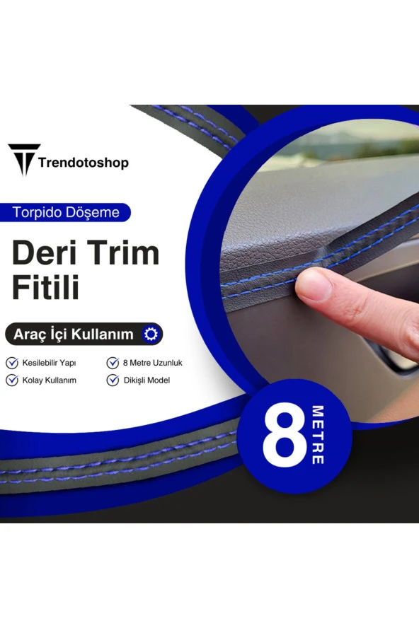 61078 8 Metre Deri Trim Fitili Mavi Dikişli
