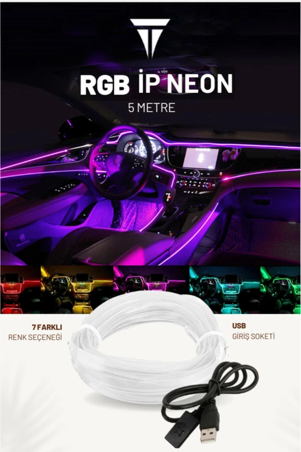 21302 Rgb Araç Içi Atmosfer Ambiyans Ip Neon Torpido Led 5 Metre usb girişli