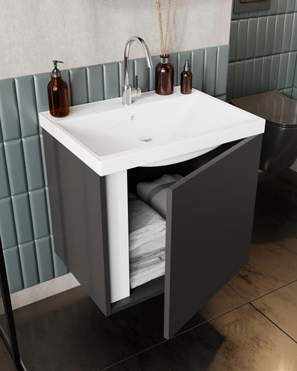 Karen Banyo Kemer 60 Cm, Lavabolu, Aynalı, Banyo Dolabı, Mat Antrasit, Lavabo Dahil - 2