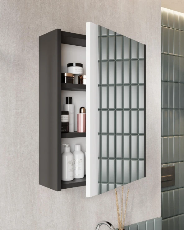 Karen Banyo Kemer 60 Cm, Lavabolu, Aynalı, Banyo Dolabı, Mat Antrasit, Lavabo Dahil - 3