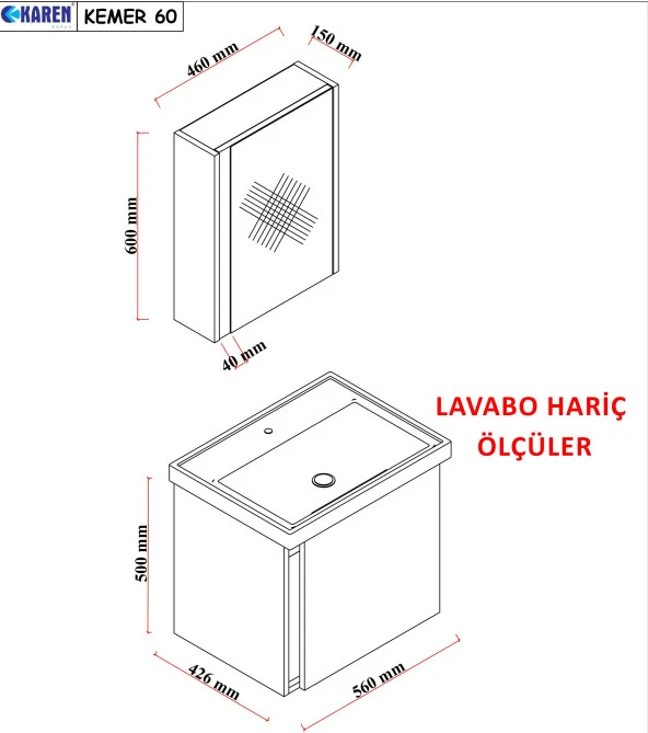 Karen Banyo Kemer 60 Cm, Lavabolu, Aynalı, Banyo Dolabı, Mat Antrasit, Lavabo Dahil - 4
